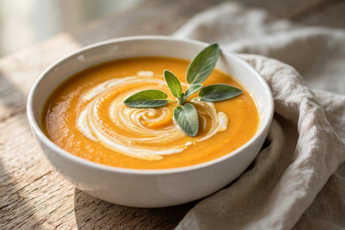 Bowl of creamy butternut squash soup with a cream swirl and fresh sage leaves