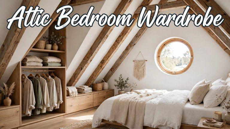 Attic bedroom with slanted ceilings showing a wardrobe zone with low dressers along the knee wall and a hanging rail at the center ridge