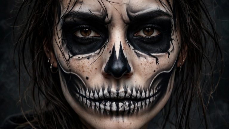 Woman with dramatic black and white skeleton face paint Halloween makeup, dark background
