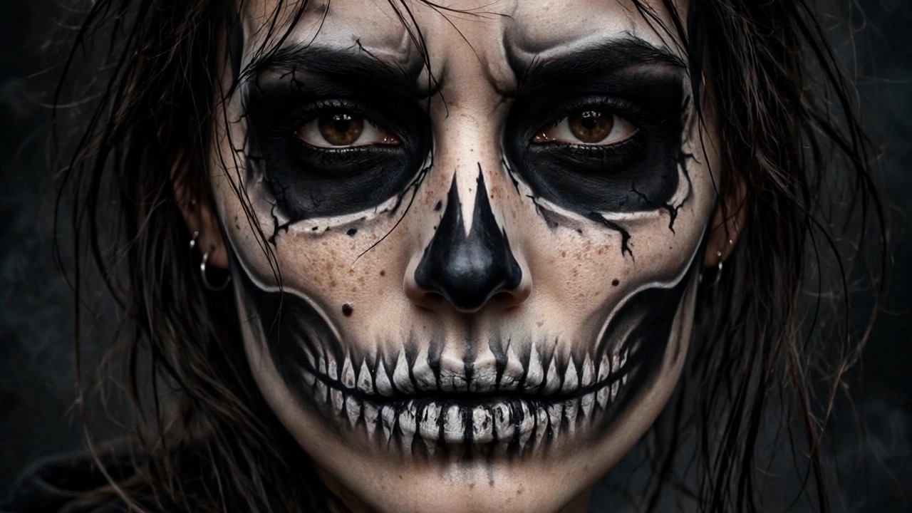 Woman with dramatic black and white skeleton face paint Halloween makeup, dark background
