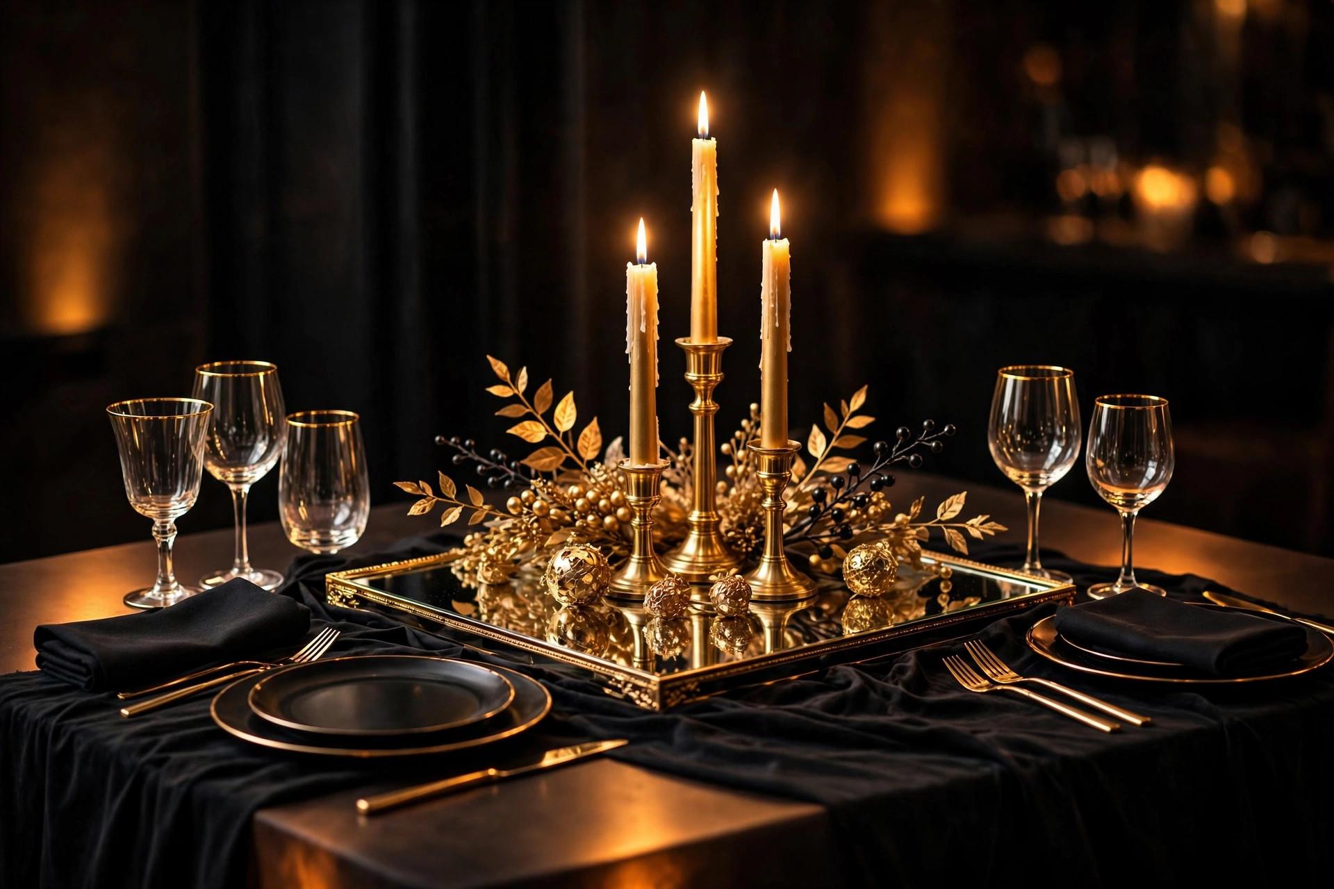 Elegant black and gold party table setting with candles and gold-rimmed glassware in warm light