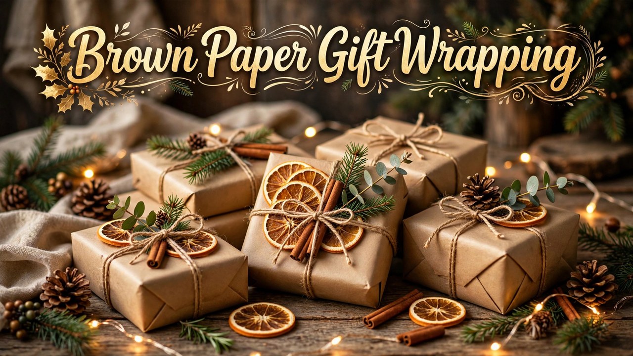 Christmas gifts wrapped in brown kraft paper with greenery, dried orange slices, and twine