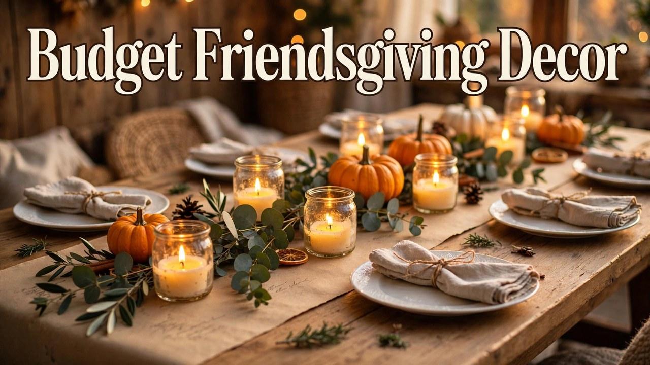 Budget Friendsgiving table decorations with pumpkin stack, candles, and fall garland on a styled dinner table