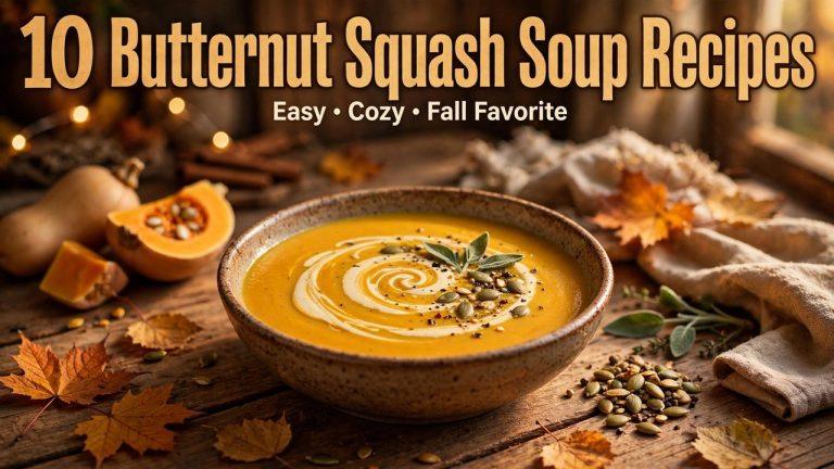 Creamy butternut squash soup in a ceramic bowl with a cream swirl, bold title text reading "10 Butternut Squash Soup Recipes"
