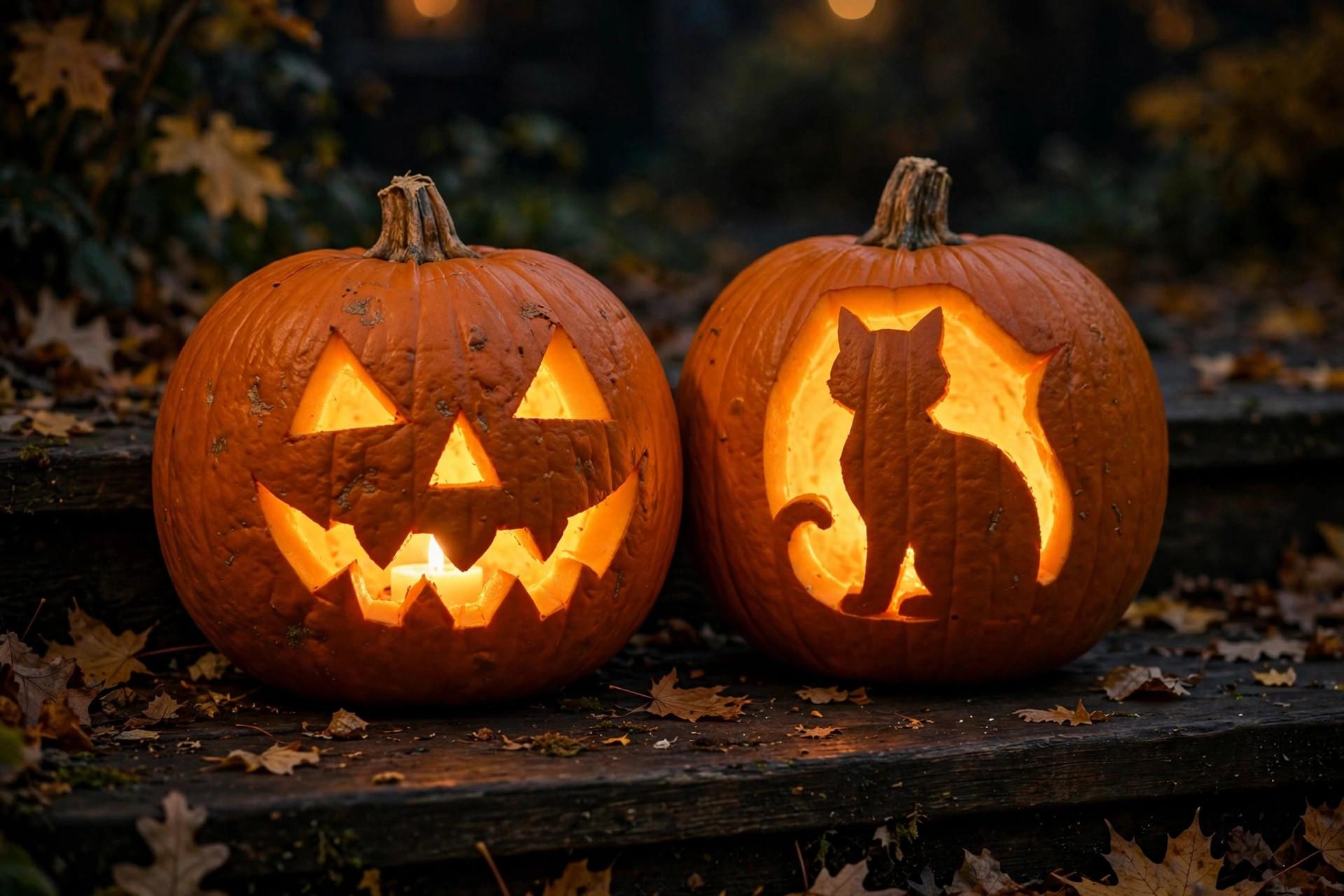 Classic carved jack-o'-lantern with triangle eyes glowing beside a black cat silhouette pumpkin on a porch at night