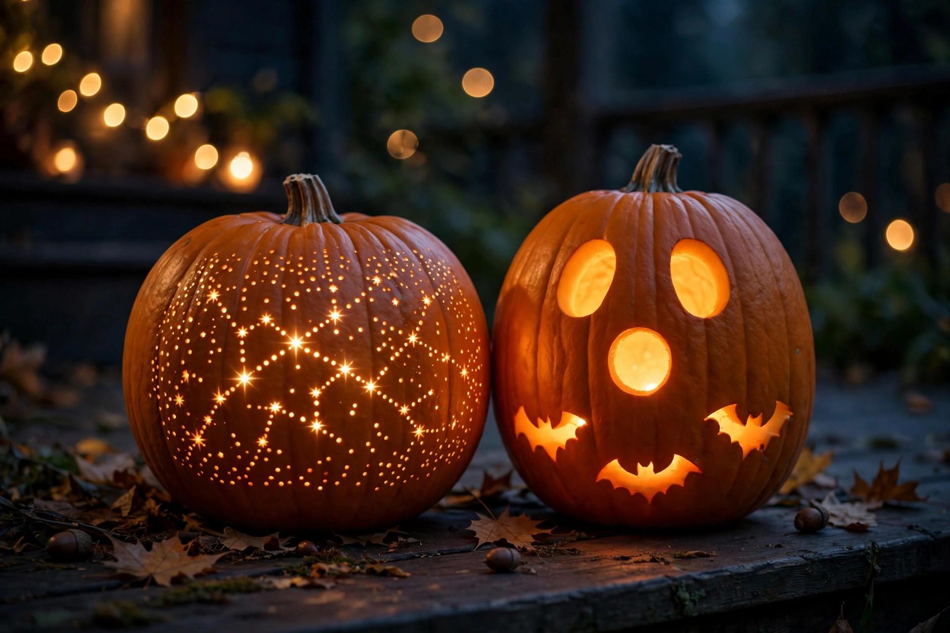 Pumpkin with drilled dot star pattern glowing beside a friendly ghost carved pumpkin with small bats