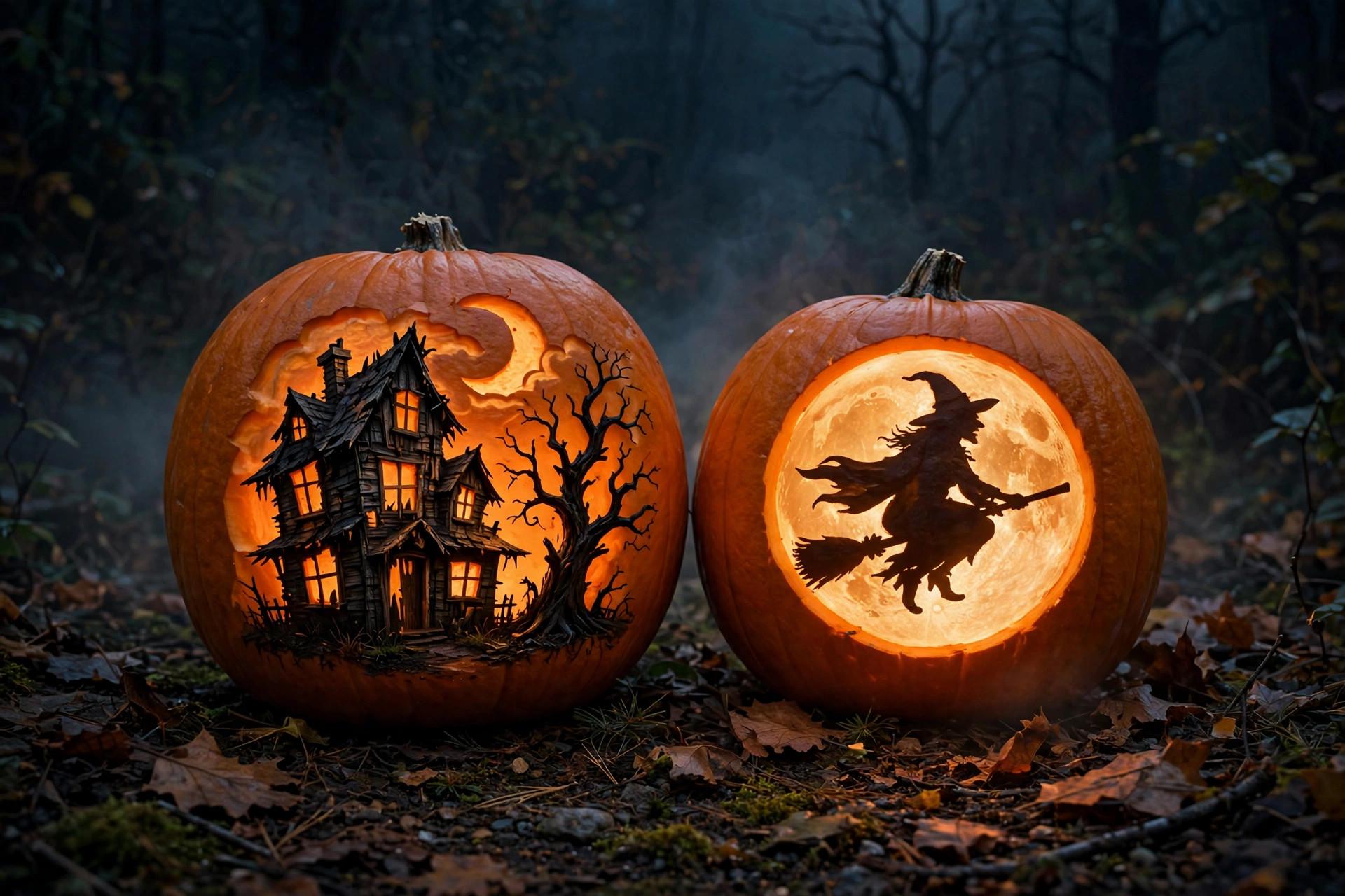 Haunted house scene scraped into a glowing pumpkin beside a witch silhouette pumpkin carved against a round moon