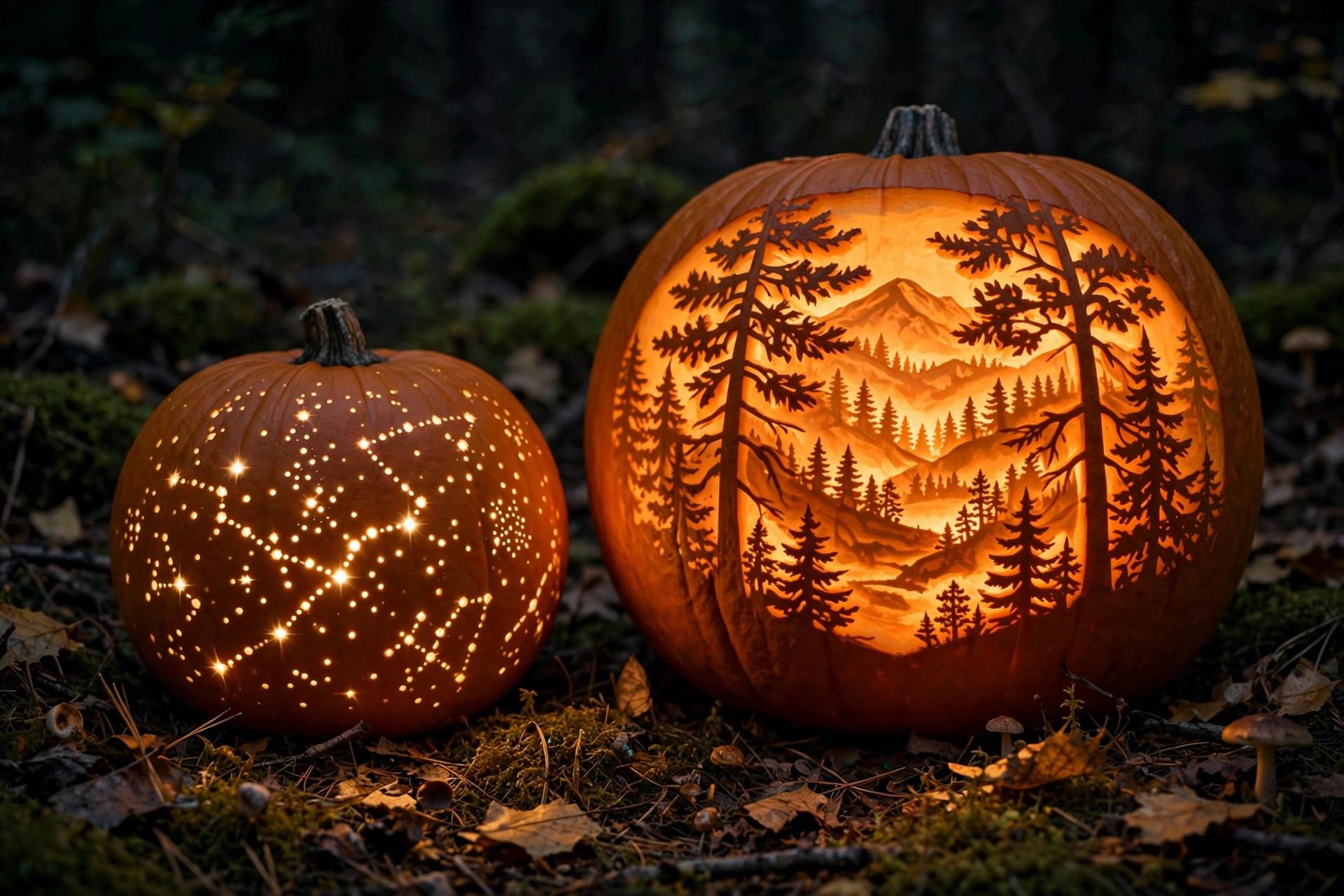 Pumpkin carved with constellation star holes glowing beside a layered luminary pumpkin with a scraped forest scene