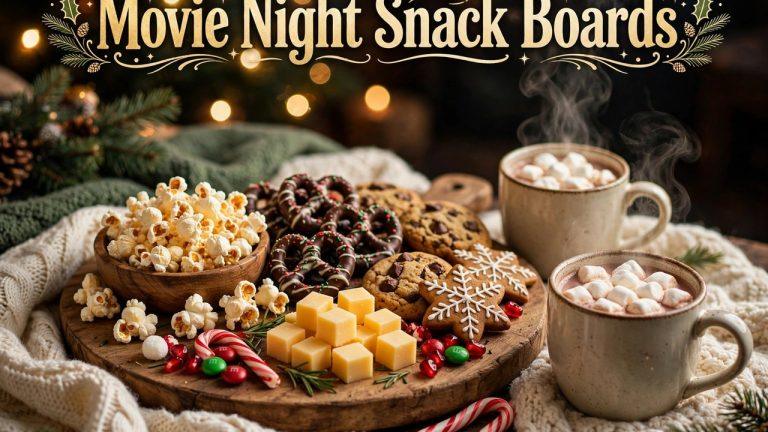 Cozy Christmas movie night snack board for two with popcorn, cheese, and hot chocolate
