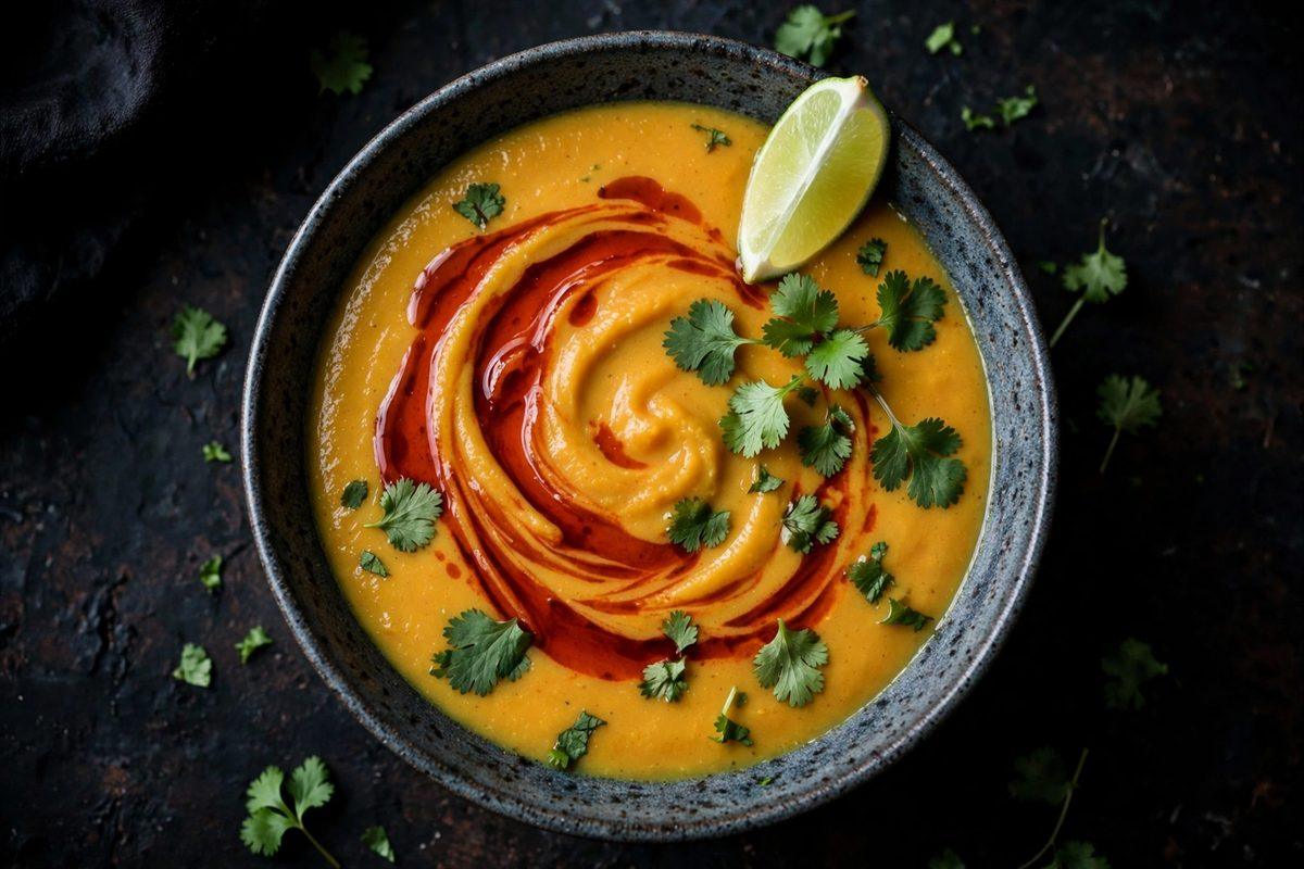 Coconut curry butternut squash soup in a bowl with a lime wedge and fresh cilantro