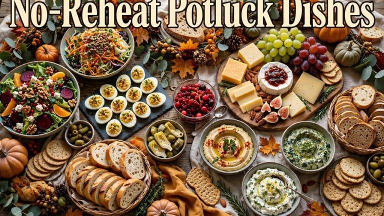 Overhead spread of cold Thanksgiving potluck dishes on a rustic table — squash salad, deviled eggs, cornbread, and pie with no reheating needed
