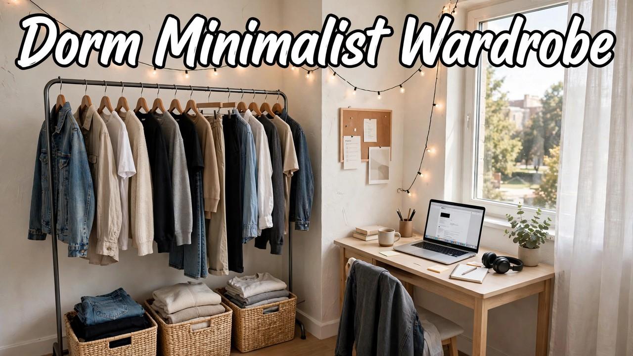 College dorm minimalist wardrobe: 15 essential clothing pieces arranged on a small dorm closet rod