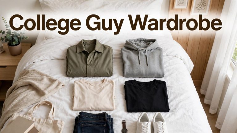 Fifteen-piece minimalist college guy wardrobe laid out: jeans, tees, sneakers, jacket