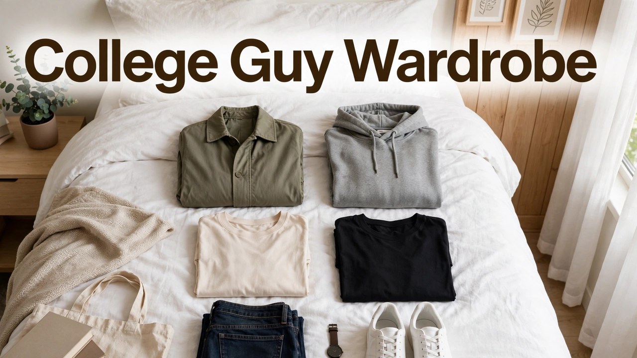 Fifteen-piece minimalist college guy wardrobe laid out: jeans, tees, sneakers, jacket