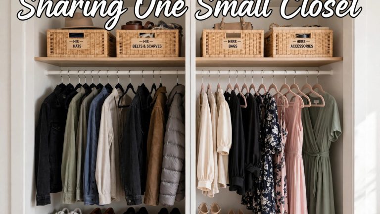 Couple's shared small reach-in closet split into two organized zones with labeled sections