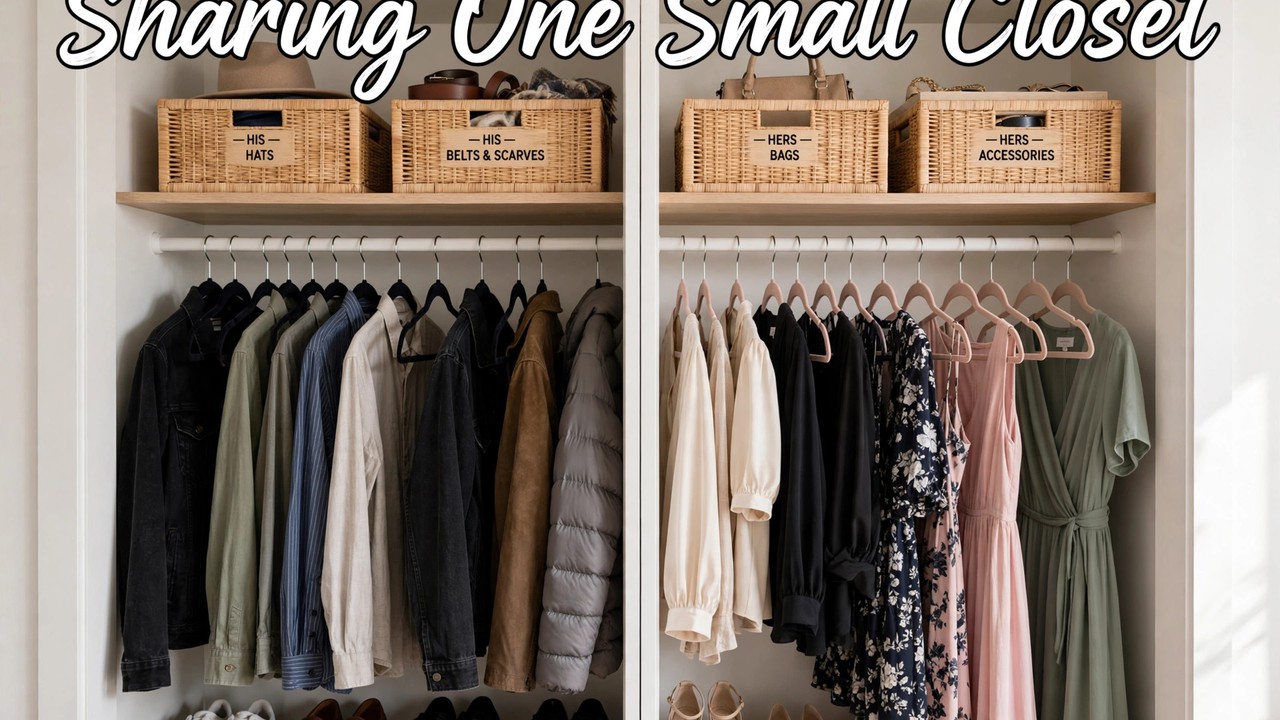 Couple's shared small reach-in closet split into two organized zones with labeled sections