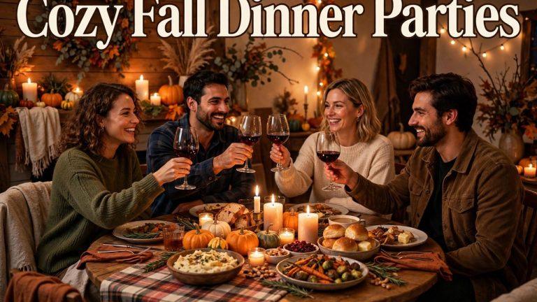 Cozy fall dinner party table with candles, pumpkins, and harvest dishes for a small gathering