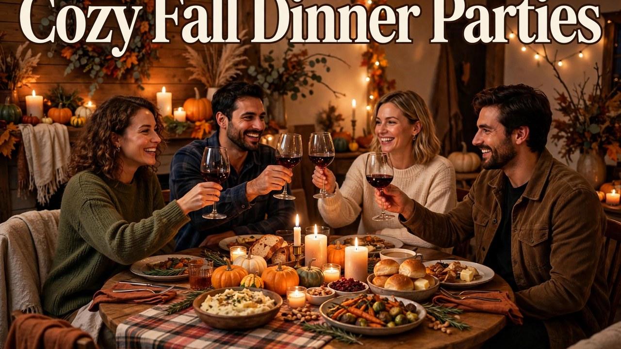 Cozy fall dinner party table with candles, pumpkins, and harvest dishes for a small gathering