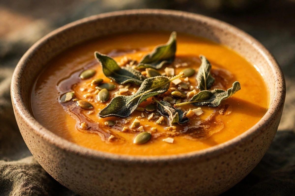 Butternut squash soup topped with crispy fried sage leaves and toasted pumpkin seeds