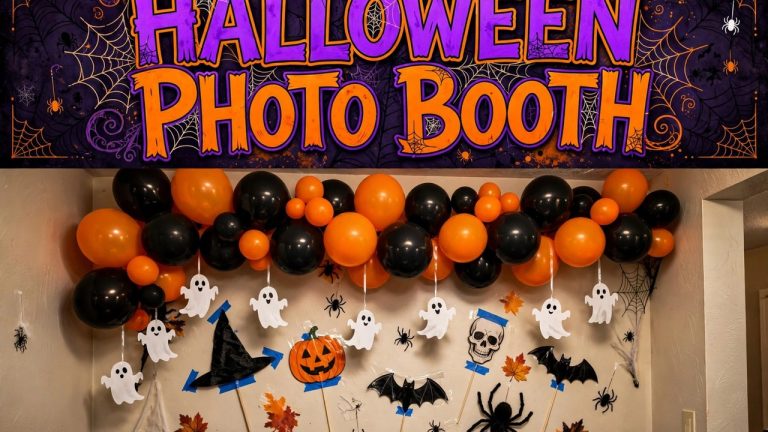 DIY Halloween photo booth backdrop of layered black and orange plastic fringe on a small apartment wall with paper bats
