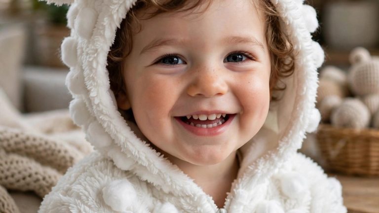 Adorable toddler in a fluffy white sheep hoodie costume covered in cotton balls, smiling