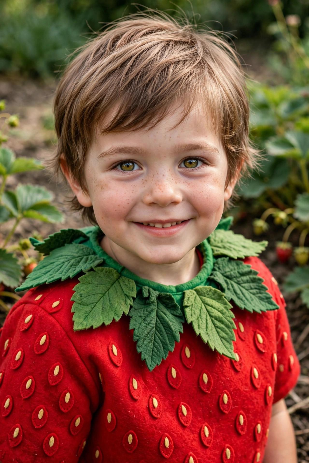 Child in a strawberry costume, red shirt with felt seeds and green leaf collar