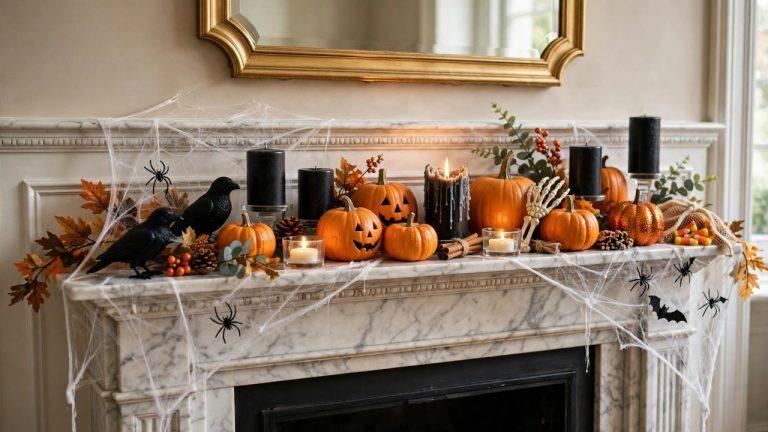 Elegant living room mantel styled with dollar store Halloween decor, candles and pumpkins
