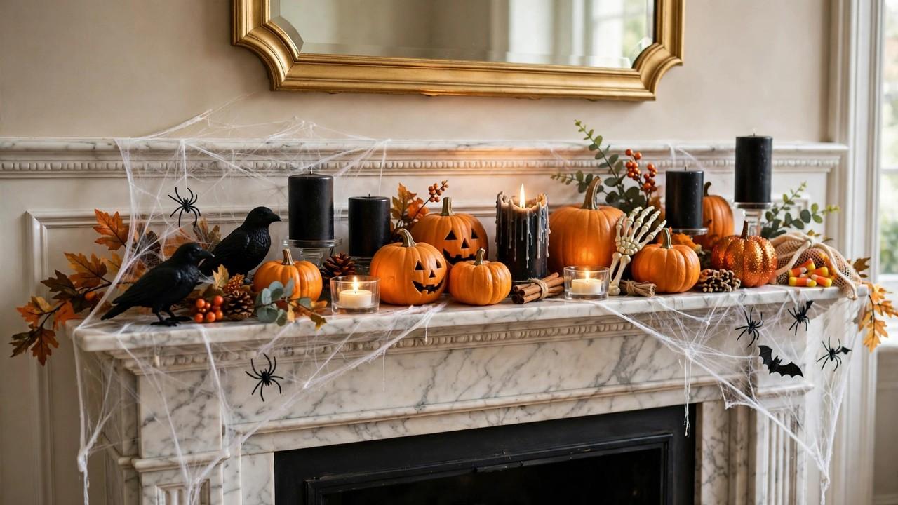 Elegant living room mantel styled with dollar store Halloween decor, candles and pumpkins