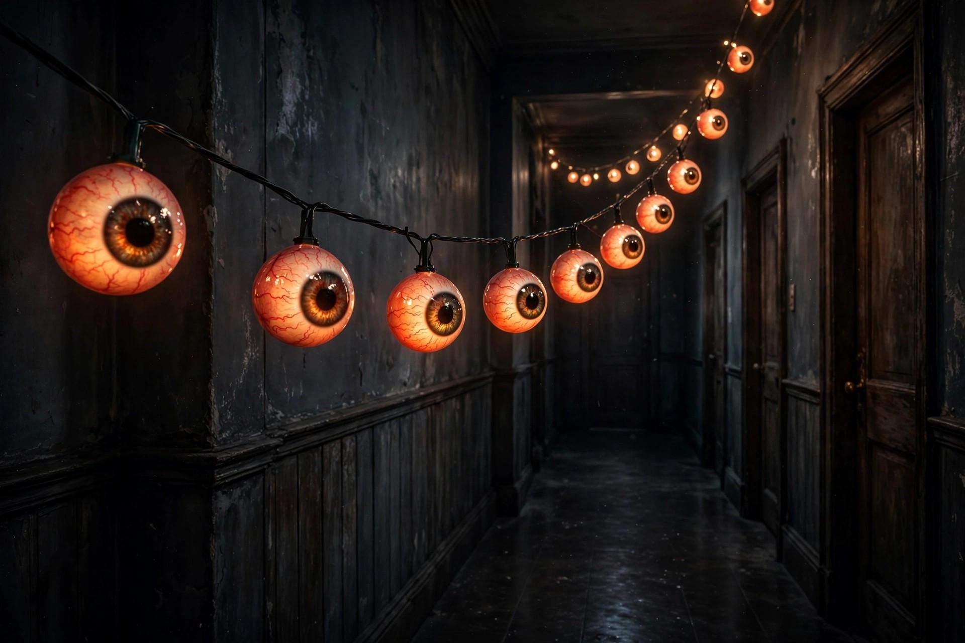 Glowing bloodshot eyeball string lights in a dark hallway