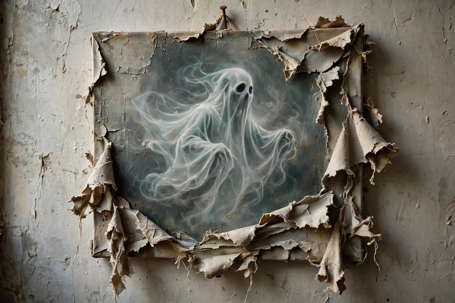 Busted canvas ghost art with 3D torn edges hanging on a wall