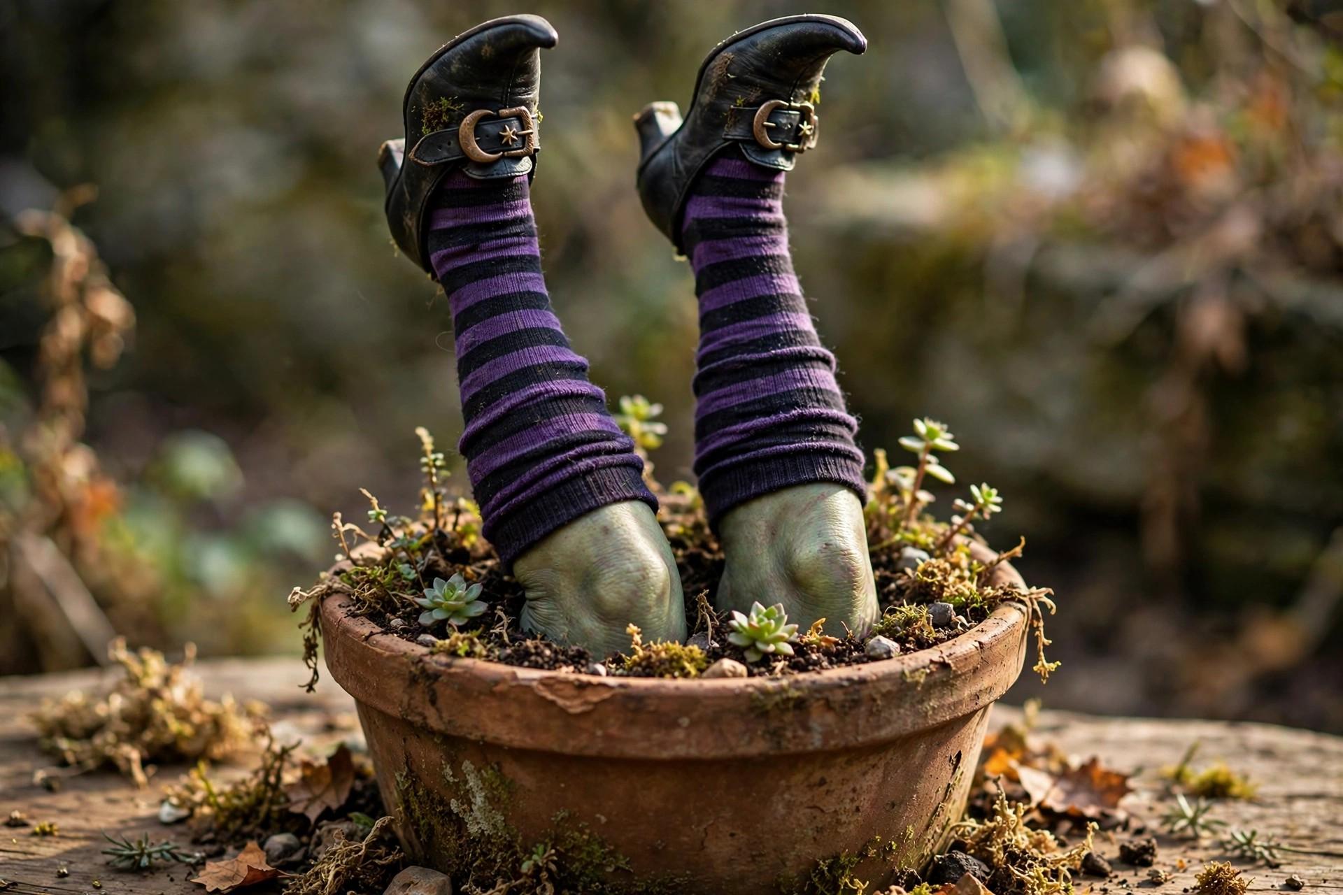 Witch legs planter with striped stockings sticking out of a plant pot