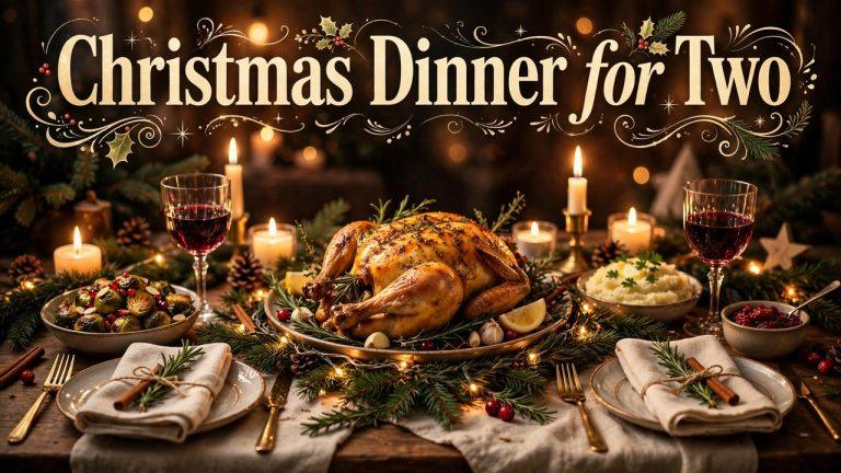 Small elegant Christmas dinner for two with roast and candles on a set table