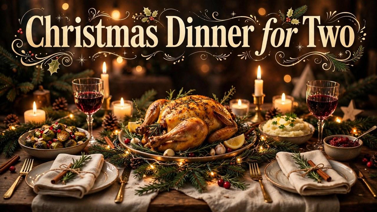 Small elegant Christmas dinner for two with roast and candles on a set table