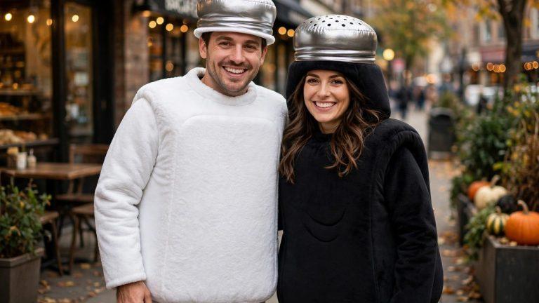 Smiling couple dressed as salt and pepper shakers, one in white and one in black