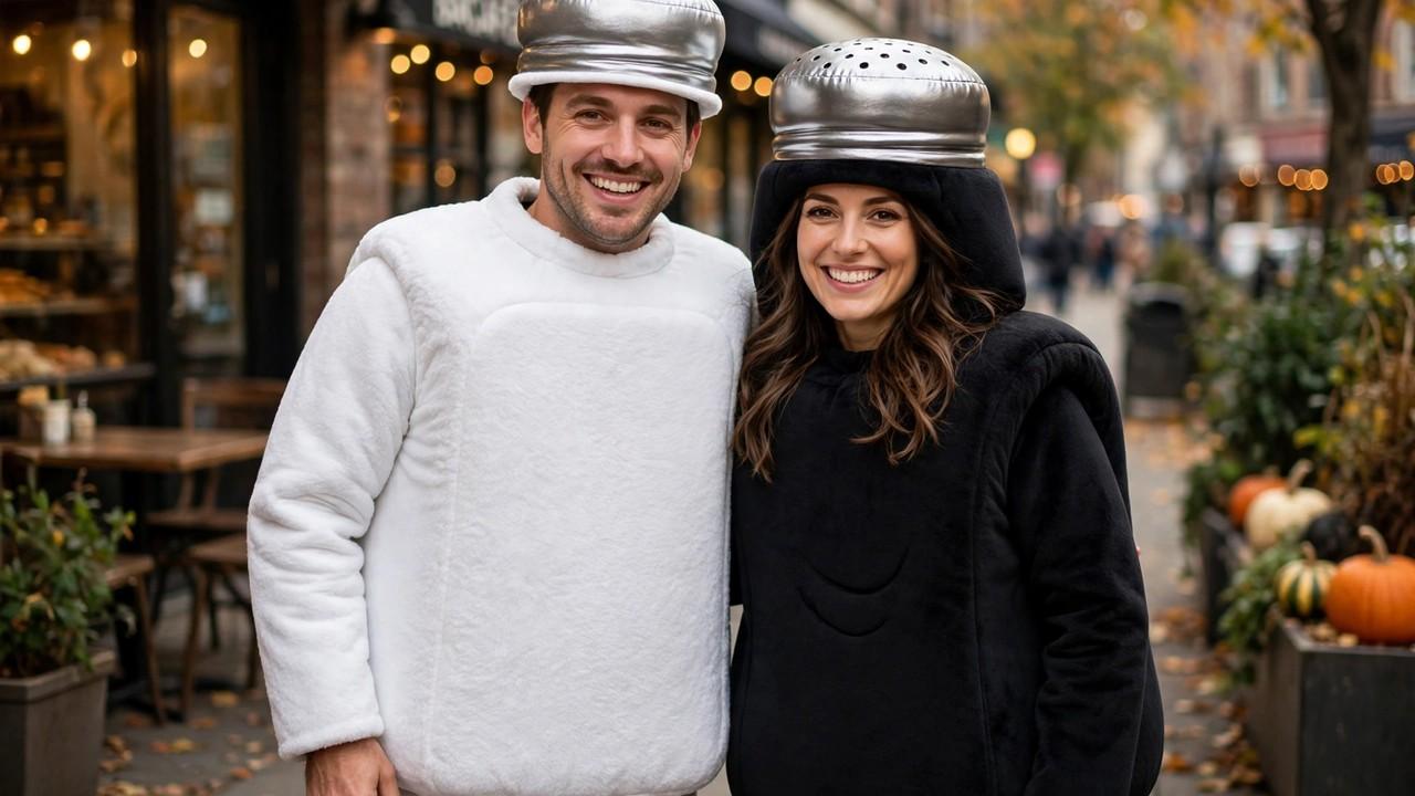 Smiling couple dressed as salt and pepper shakers, one in white and one in black