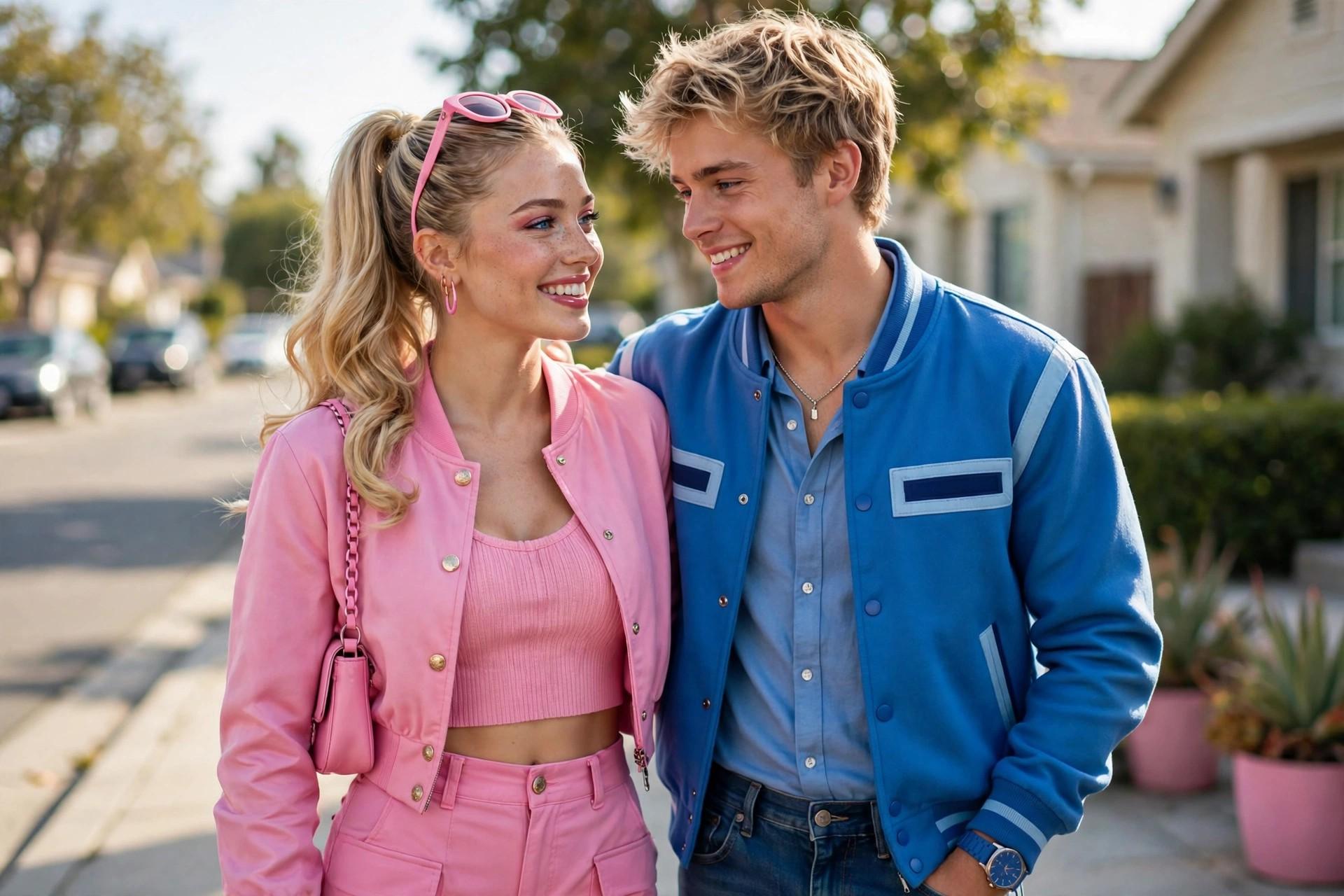 Couple dressed as Barbie and Ken in pink and blue outfits