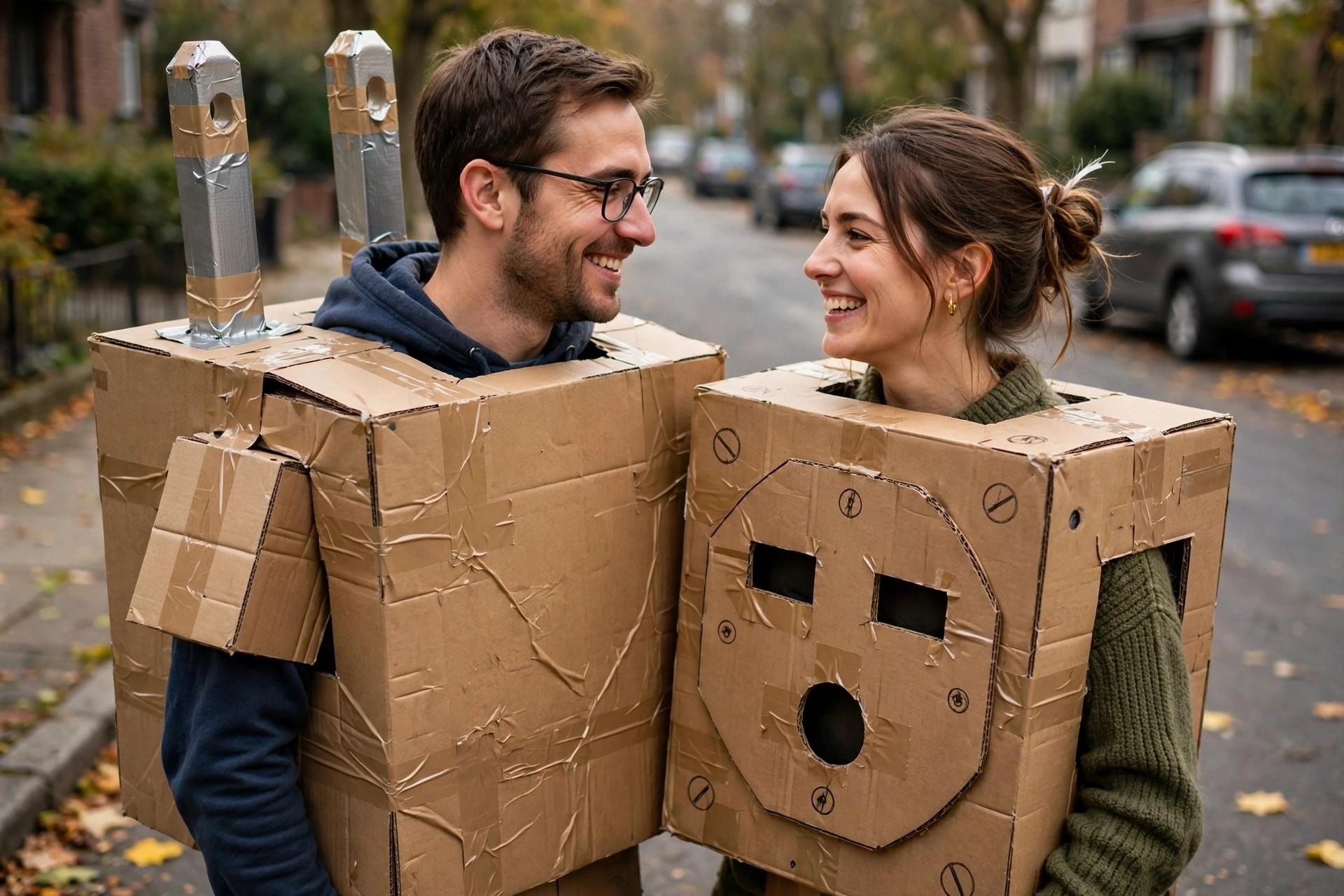 Couple as plug and socket with funny cardboard costumes