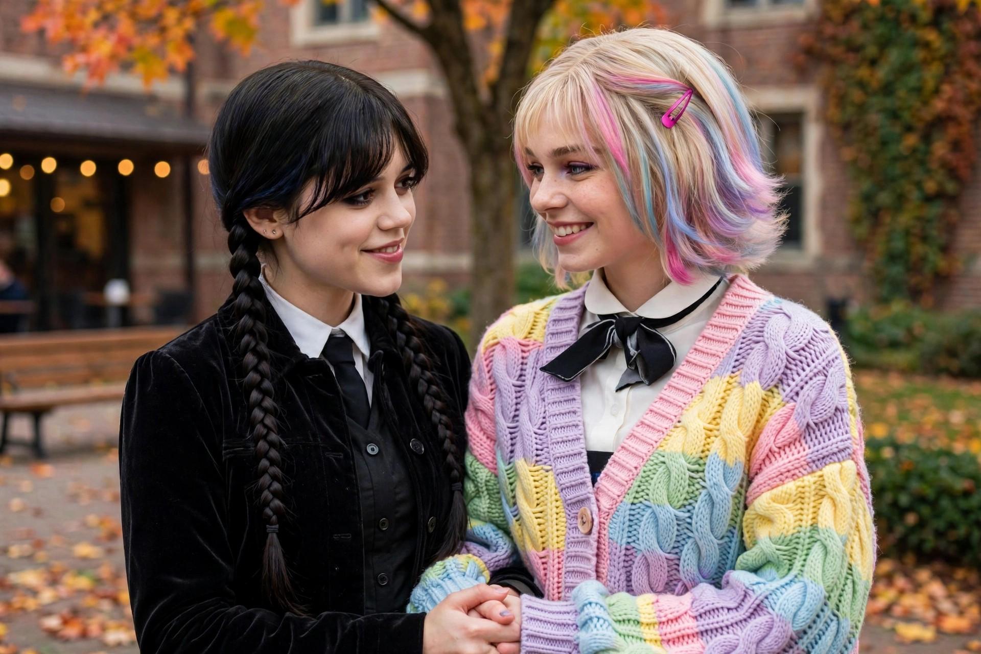 Couple as Wednesday and Enid, dark braids and colorful cardigan