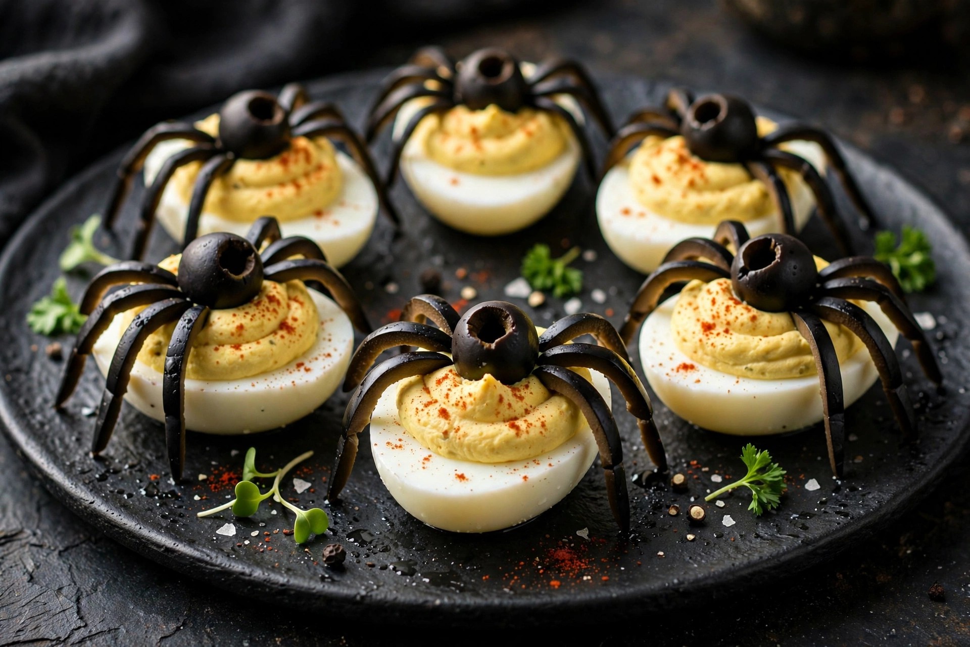 Deviled eggs decorated as spiders with black olive legs on a black platter