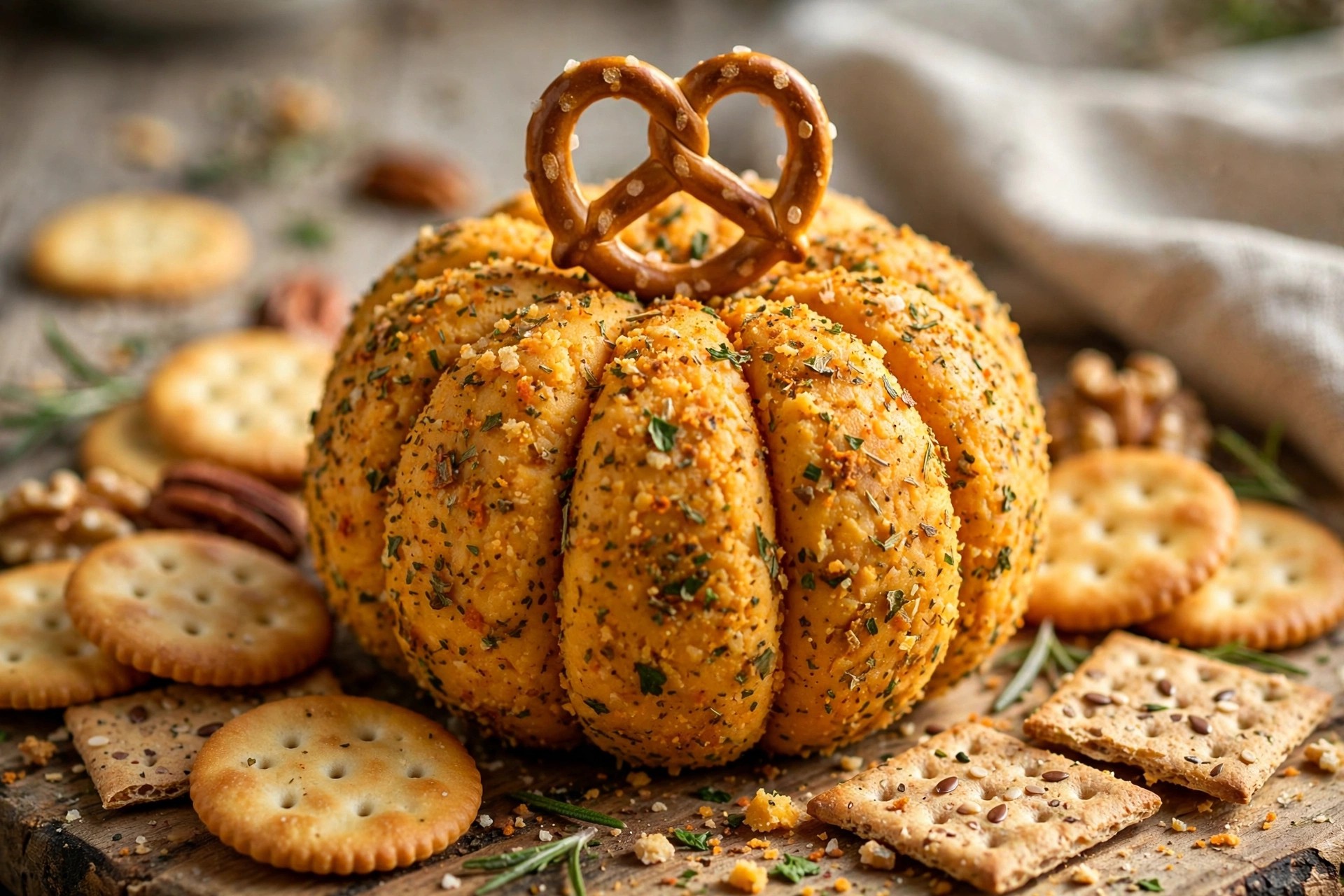 Pumpkin-shaped cheese ball with pretzel stem and crackers around it