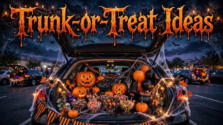 Car trunk decorated as a pirate ship with cardboard hull, broom-handle mast, and pillowcase sail at a trunk-or-treat event