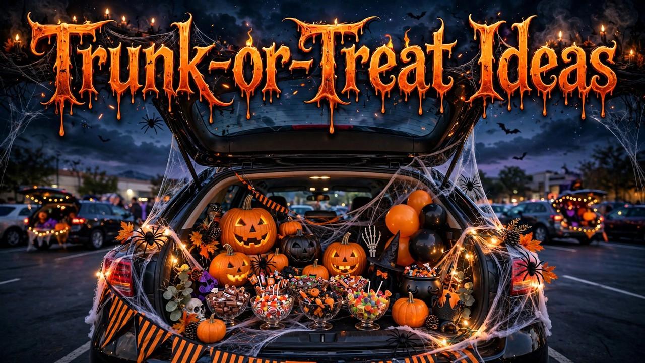 Car trunk decorated as a pirate ship with cardboard hull, broom-handle mast, and pillowcase sail at a trunk-or-treat event