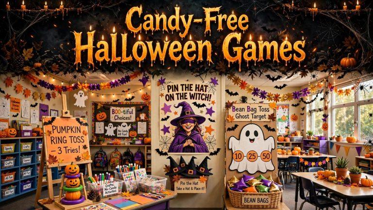 Elementary classroom set up with six Halloween game stations, kids rotating between pumpkin ring toss and monster beanbag toss