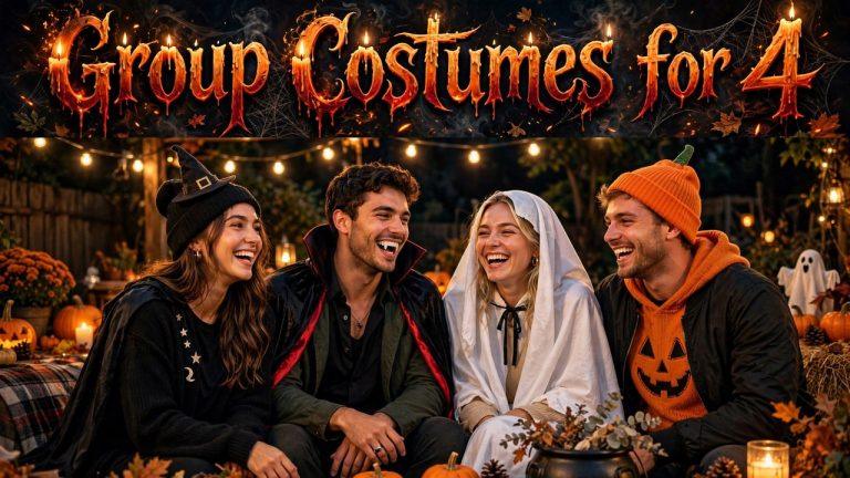 Four friends in DIY crayon costumes made from solid-color clothes and poster-board cone hats