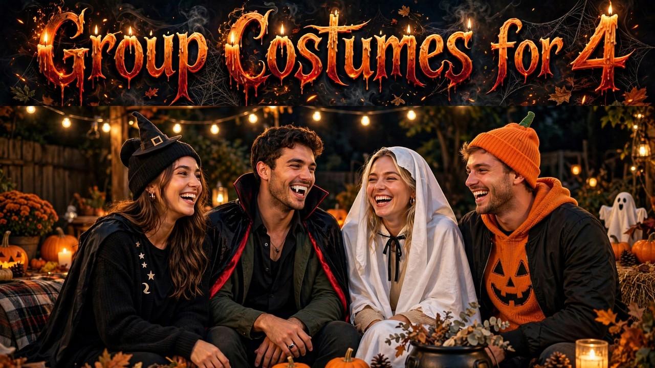 Four friends in DIY crayon costumes made from solid-color clothes and poster-board cone hats
