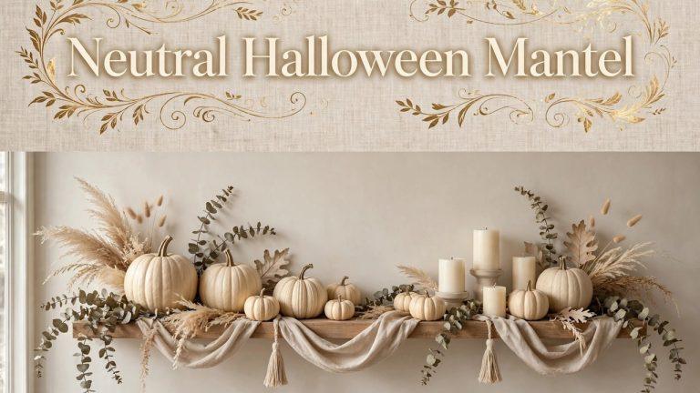 Small neutral Halloween mantel styled on a floating shelf with cream pumpkins, black candlesticks, and dried wheat in warm light