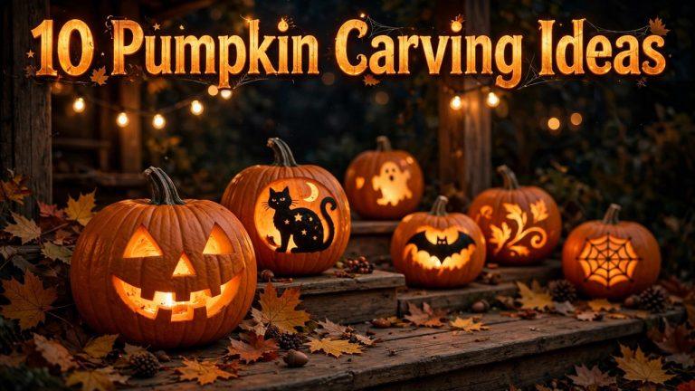Carved Halloween pumpkins glowing at night with bold text reading "10 Pumpkin Carving Ideas"