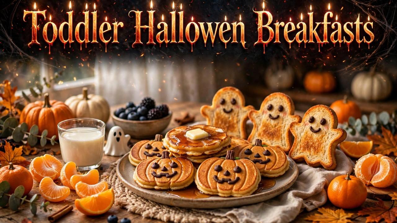 Toddler Halloween breakfast plate with banana ghosts, clementine pumpkins, and ghost toast arranged festively