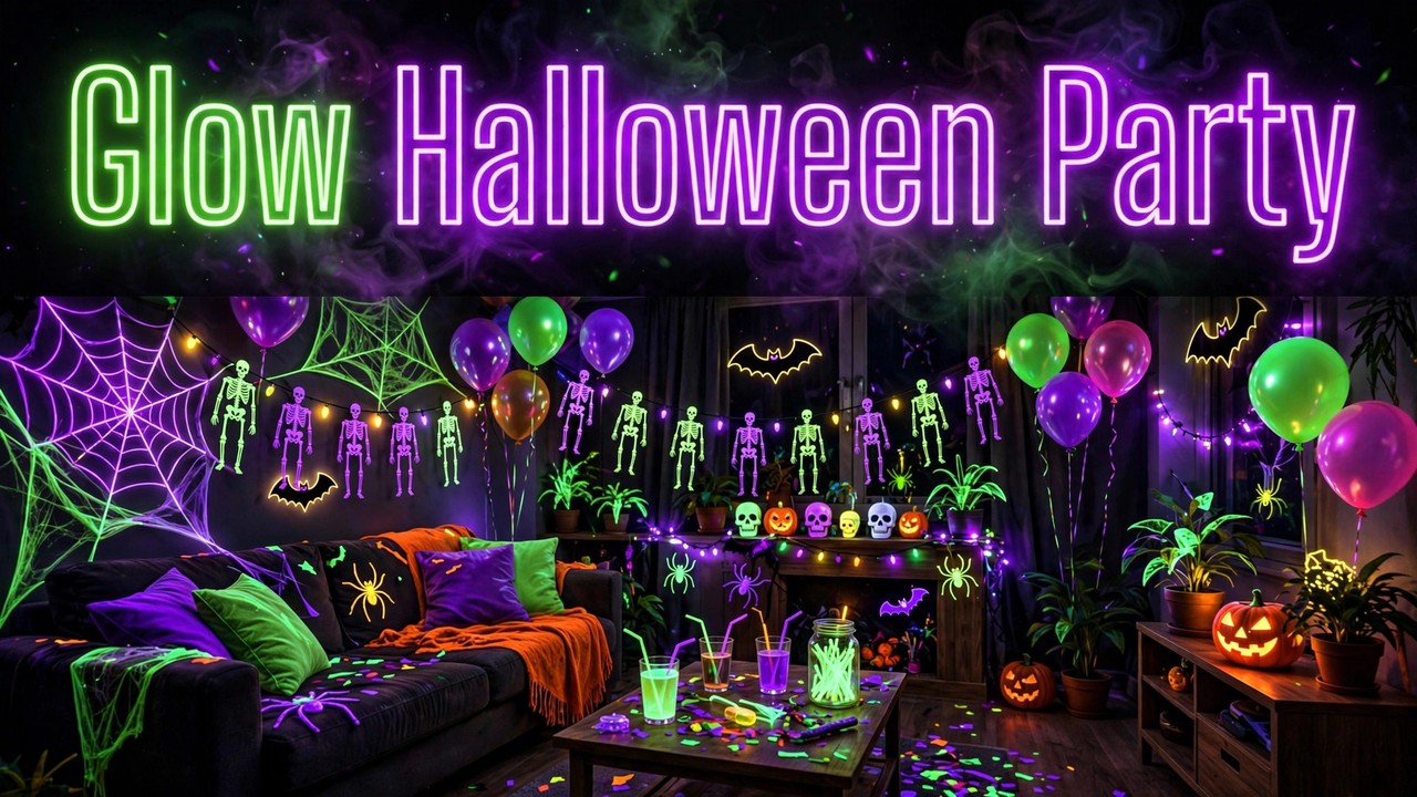 Small living room transformed into a glow-in-the-dark Halloween party with blacklights, neon decorations, and guests in white and neon clothes