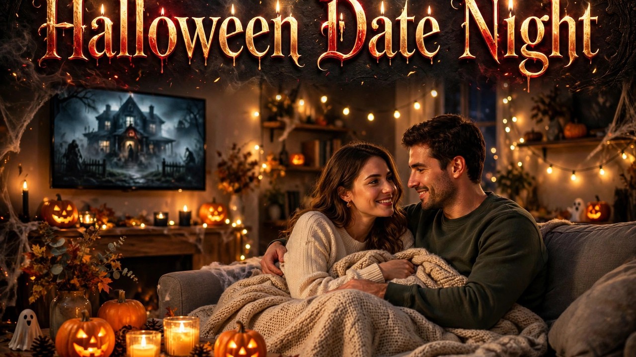 couple on a couch in a candle-lit living room watching a horror movie, orange string lights glowing, popcorn and Halloween snacks on the coffee table